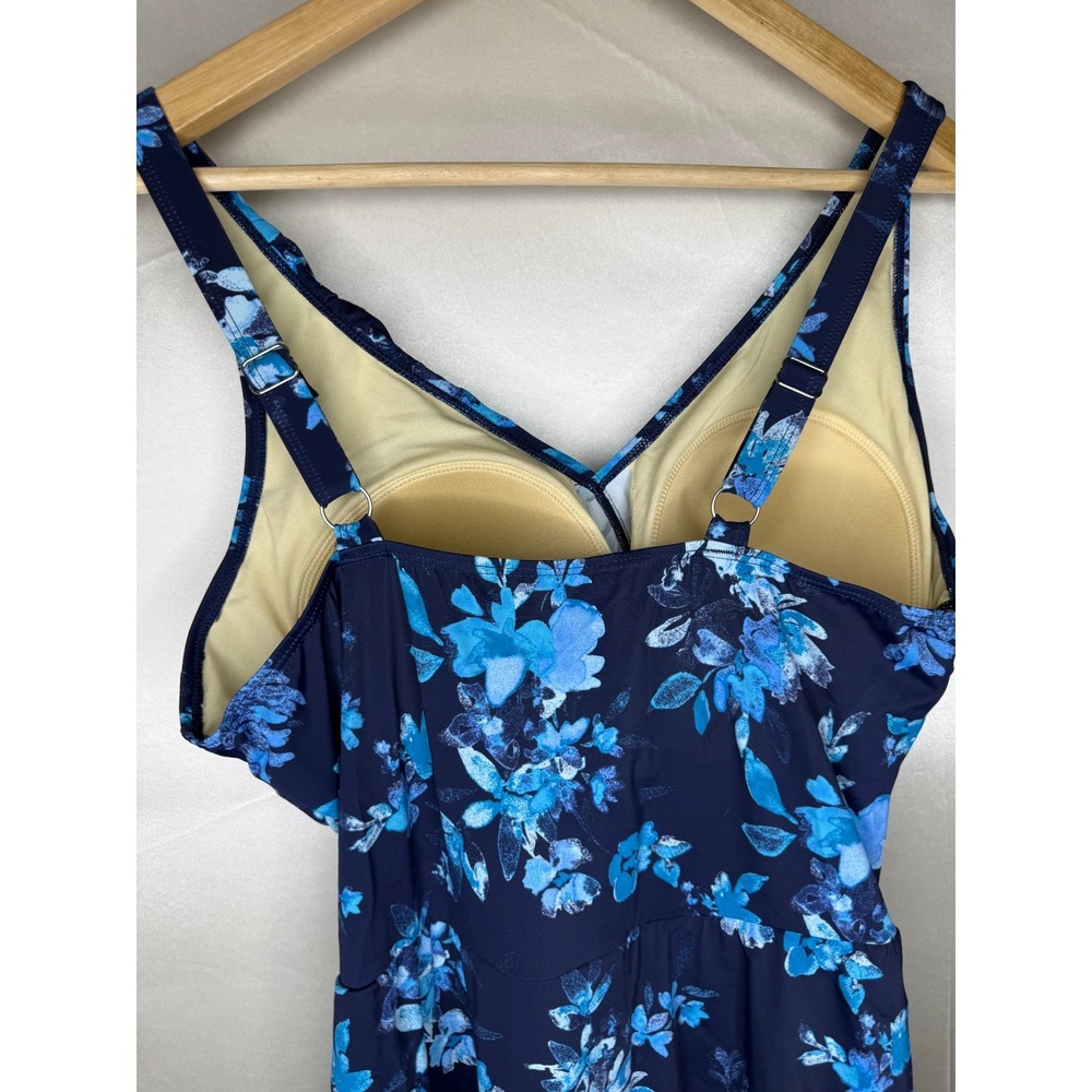 Denim & Co. Beach Ruffle Trim V-Neck Swim Dress Navy Floral, Reg 16 - Picture 8 of 8